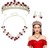 3Pcs Set Red Rose Jewelry- 1 Flower Headband Crown, 2 Earrings, 1 Necklace | Wedding Queen Crowns, Costume Accessories for Women, Perfect for Pageant, Birthday, Prom & Wedding