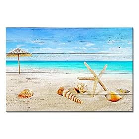 ArtHome520 Blue Sea Ocean Beach Canvas Print Wood Backgroud Wall Art Home Decor Starfish Shell Picture Bathroom Artwork… 51egLTvHoEL