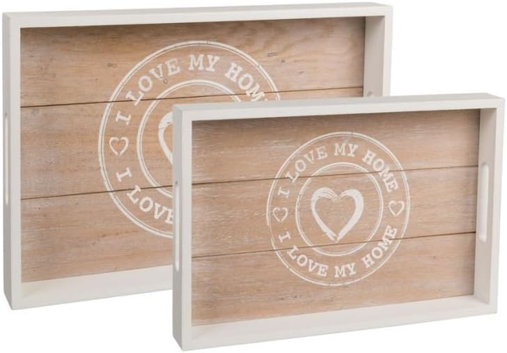 Tray wood square shape set of 2 brown vintage I Love My Home Print Design White