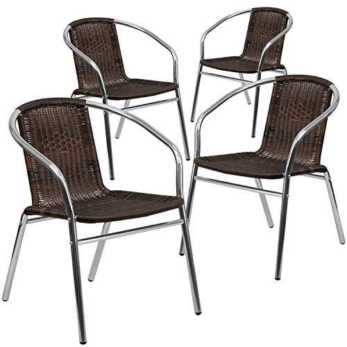 Flash Furniture 4 Pk. Commercial Aluminum and Dark Brown Rattan Indoor-Outdoor Restaurant Stack Chair