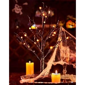 Tabletop Black Spooky Tree Glittered with Orange Lights