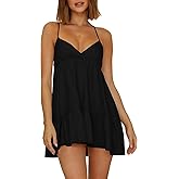 Womens V Neck Crisscross Backless Dresses Tie Back Sleeveless Ruffle Hem Flowy Swing A-Line Vintage Summer Mini Dress