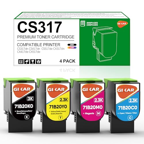 Replacement CS317 Toner Cartridge for Lexmark CS317dn Toner Cartridge for Lexmark CS417dn CS517de CX317 CX417 CX517 71B20K0 71B20C0 71B20M0 71B20Y0,4 Pack,3,000 & 2.30 0 Pages