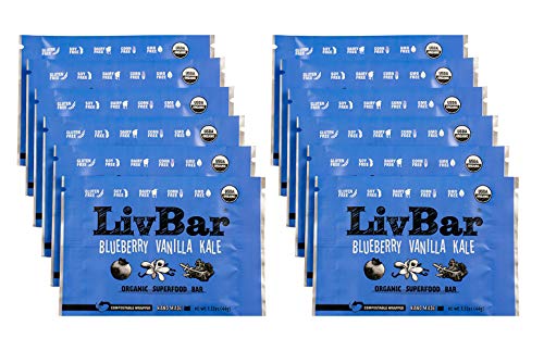 LivBar Organic All Natural Macro Snack Bar – Blueberry Vanilla Kale, 12 Count – Healthy & Delicious Non GMO Gluten, Nut, Soy, and Dairy Free Protein Bar with Low Sugar.