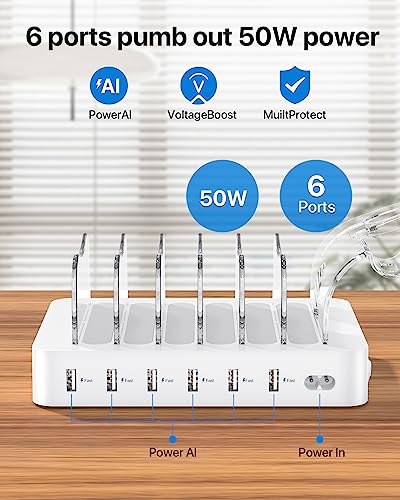 SooPii USB Charging Station Organizer for Multiple Devices, 6 Ports 50W Charging Dock with 6 Cables and Upgraded Holder Included, for Phones,Tablets and Other Electronics