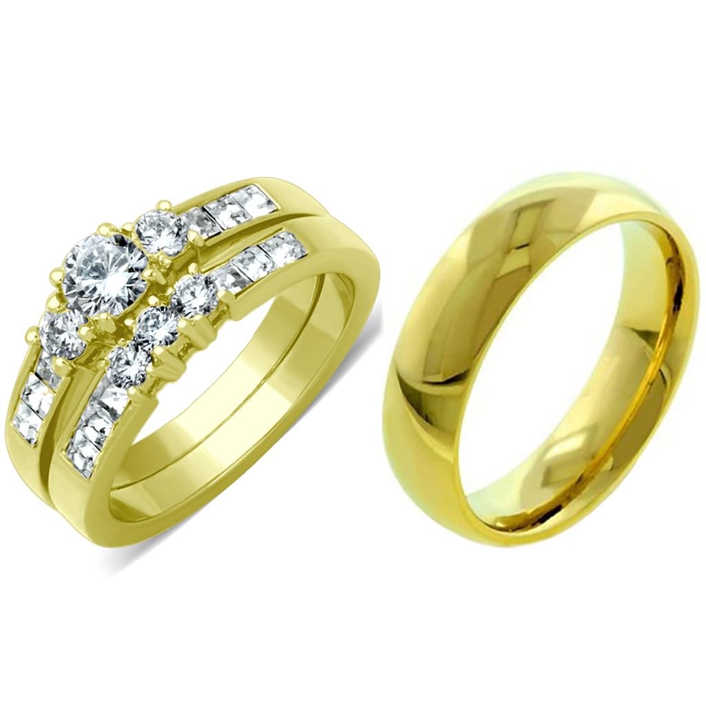 Conjunto de anillos para parejas para él y ella, conjunto de anillos de boda pequeños y redondos con circonita cúbica chapados en oro de 14 quilates, banda a juego para hombre, tamaño W9M9