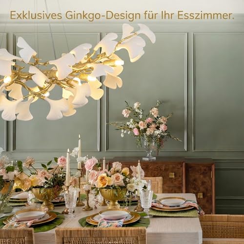 PIOUTNF Branch Chandelier, Modern Dining Table Chandelier, Ceramic Ginkgo Leaf Chandelier, 10 x G9, Dimmable, L91.5 cm, Suitable for Living Room, Hallway, Kitchen, Bedroom, Without Bulb