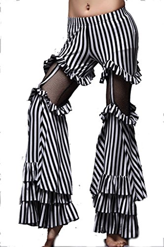 ZLTdreamTrible Belly Dance Striped Bell-Bottomed Pirate Pants for Women Rave Outfits Halloween Costume Cotton Black