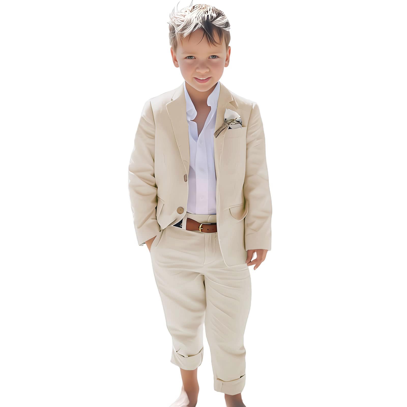 Photo 1 of optkeat Linen Boys Suit Beach Wedding Suit Summer Slim Fit 2 Pieces Kids Light Weight Linen Suit Jacket Vest Pant (Beige,12 Years)