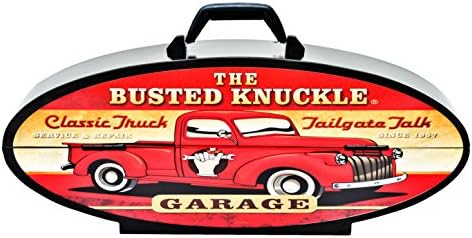 Goboxes 1064 Oval Shaped Steel Toolbox with Busted Knuckle Garage Pickup, Black/Red