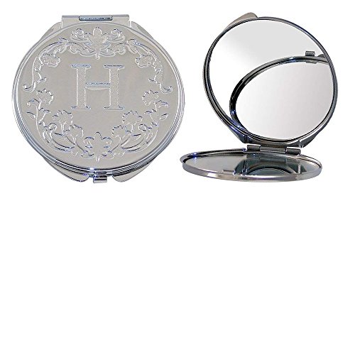 Polished Metal Compact Purse Mirror with Dual View, Monogram Initial H and Floral Print.