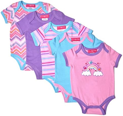 [18135-RBW-6/9M] Baby Girls Bodysuits Set: 5 Pack Snap-Up, Short Sleeve, 6-9 mo