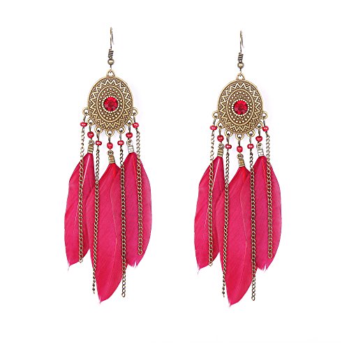 HOTER Folk Style Hand Made Earrings Rhinestone/Chain/Red Feather Gift Box Included