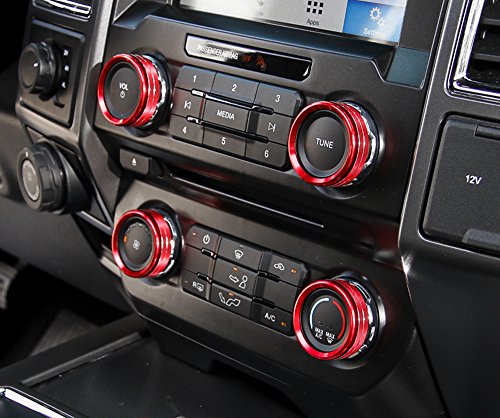 6pcs Aluminum Alloy Car Inner Air Conditioner & Trailer & 4WD Switch Knob Ring Cover Trim For Ford F150 XLT 2016 2017 (Red Whole Set Knob Cover)