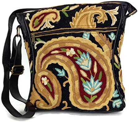 Womens leather Kashmir embroidered large brown messenger bag
