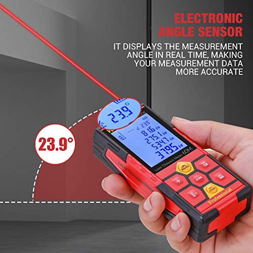 Laser Measure 196ft POPOMAN, Lithium battery with USB charging, 99 Sets Data Storage, M/In/Ft with Electronic Angle Sensor, 2.25' LCD Backlit, Mute Function, Measure Distance, Area and Volume- MTM120B