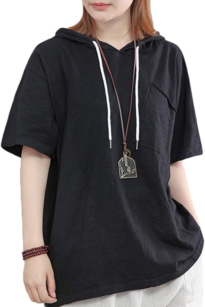 Amazon [BSCOOL]パーカー レディース 半袖 tシャツ フード付き トレーナー ゆったり ティーシャツ カジュアル無地 トップス 夏 フードパーカー 白(Freesize黒