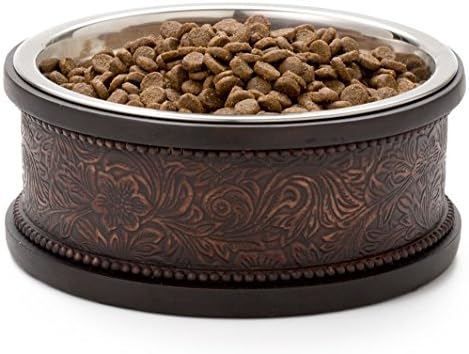 Pet Junkie Wyoming Designer Pet Bowl, Unique Feeder for Dogs and Cats. Brown Faux Leather with Floral Pattern, Stainless Steel Dishwasher Safe Inner Bowl for Easy Cleaning - Small, 16oz (2 cups)