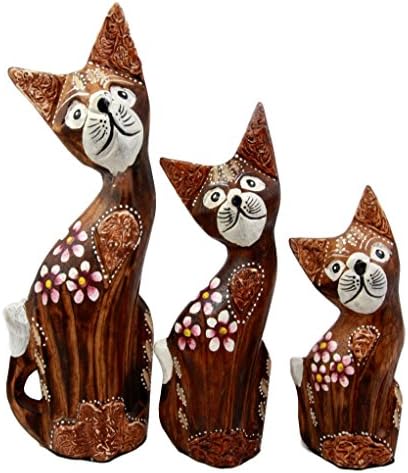 Balikraft Hand Made Wood Artisans "Kucing Mekar" Summer Blossom Feline Cats Family Set of 3 Decorative Figurines 9.75"H