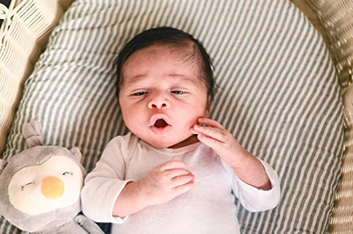Margaux & May Bassinet Sheets | 100% Muslin Cotton | 2 Pack | Perfect for Baby Girl/Boy | Ultra Soft | Breathable | Fitted - Stretch to fit Oval & Rectangle - Solid Grey & Stripes Design - Thumbnail 6