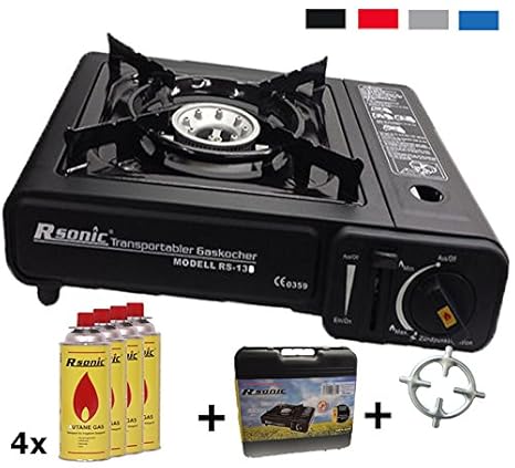 Gaskocher Campingkocher + 4x Gaskartuschen + Gasherdkreuz + Tragekoffer (Farbe Schwarz, Rot, Blau oder Grau)