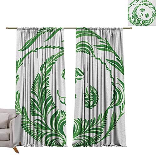Bedroom Curtains Modern,Ukrainian Folk Art Ceramic Tile Inspired Panda Bear Featured Foliage Illustration, Hunter Green W72 x L84 Printed Window Curtains for Kitchen