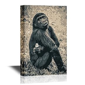 Canvas Wall Art - Chimpanzee with Little White Flower on Grunge Background - Gallery Wrap Modern Home Art | Ready to Hang - 12x18 inches