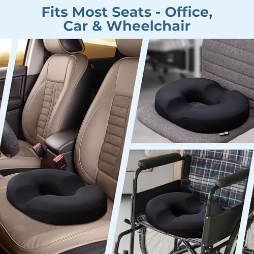 5 STARS UNITED Donut Cushion – Memory Foam Pillow for Sitting – Tailbone & Coccyx Support – Hemorrhoid-Friendly Ring Shape – Office Chair, Car, Desk & Wheelchair (Black, Large)