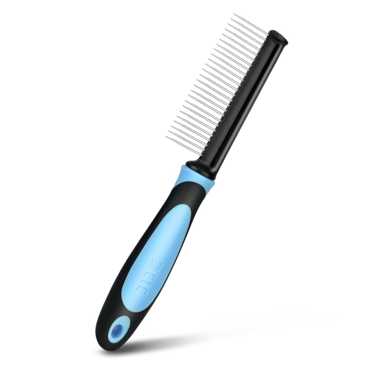 Flexzion Metal Pet Comb for Cats & Dogs - Sturdy Stainless Steel Rounded Teeth with Non-Slip Soft Grip Handle Easy to Use Grooming Detangling Cat Combs for Indoor Cats, Blue