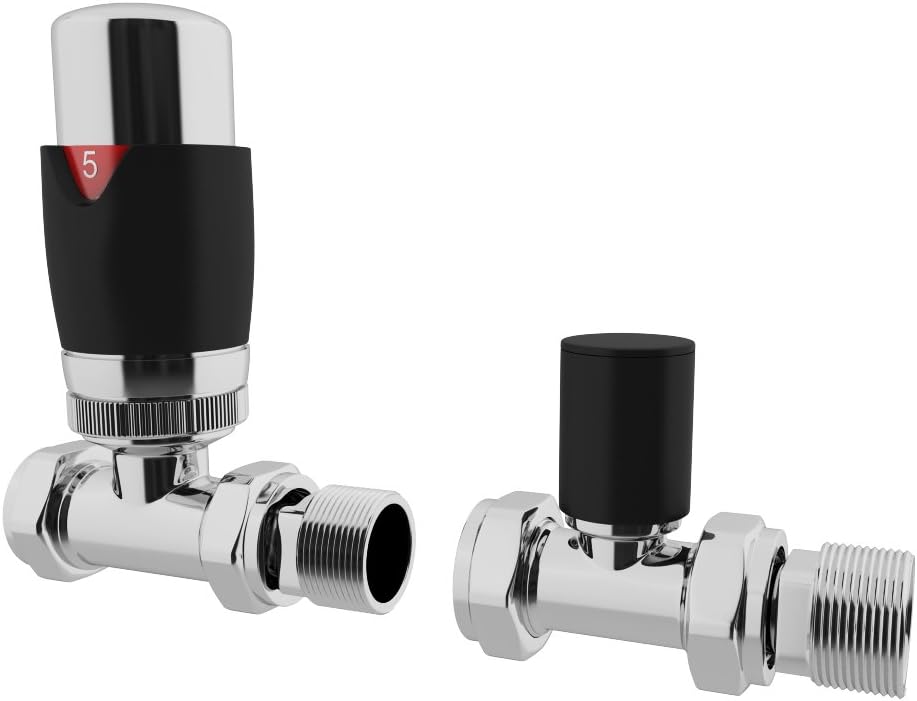 HB Signature Thermostatic TRV Brass Black Radiator Valves + Lockshield 1/2" x 15mm Pack Straight