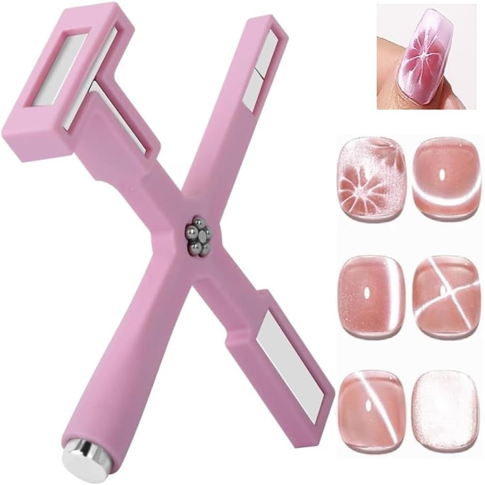 Nail Magnet Set, Multifunctional Cross Cat Eye Magnet for Nails with Silicone Protective Case, Magnetic Nail Polish Magnet Wand for Nails Cat Eye Nail Design Tools Nail Art Accessories (Pink)