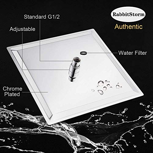 Alta Presión Montaje Fijo de Cabeza de Ducha de lluvia-16 Pulgadas/40cm Gran Cuadrada 304 de Acero Inoxidable Ducha de Spray - 1/2'' Conector, Rotación de 360 Grados-con Boquilla de Silicona- Ultra Fino Ahorro de Agua Regaderas Fijas para Baño Gigante Piso Individual-RabbitStorm