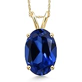 Gem Stone King 14K Yellow Gold Blue Created Sapphire Pendant Necklace for Women | 6.00 Cttw | Gemstone September Birthstone | Oval 14X10MM | With 18 Inch Chain