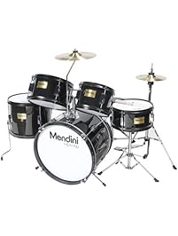 Mendini by Cecilio 16 inch 5-Piece Complete Kids / Junior Drum Set with Adjustable Throne, Cymbal, Pedal & Drumsticks, Metallic Black, MJDS-5-BK