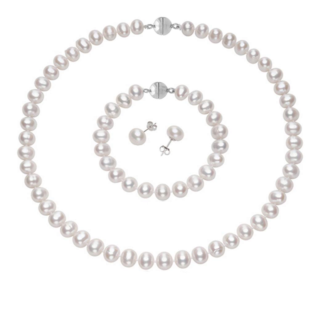 Treasure Bay Women's White Pearl Jewellery Set Necklace Bracelet Earrings Magnetic Clasp