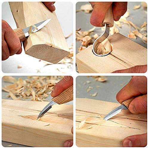 Wood Carving Tool Set - Sloyd Whittling Knife | Chip Detail Knife | Hook Knife for Spoon Carving, with Leather Strop Polishing Compound, High-Strength Steel Woodworking Carving Kit (6 Pcs)