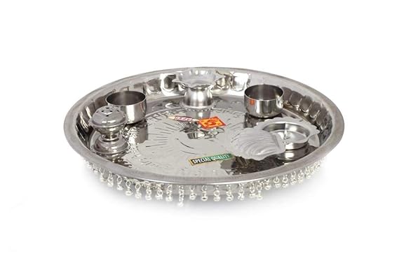 HAZEL Steel Pooja Thali (Silver_11.4 Inch X 11.4 Inch X 0.9 Inch)