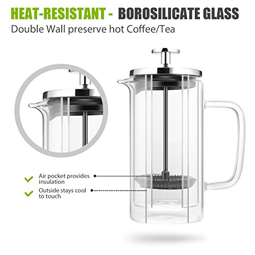 French Press Coffee Tea Maker with 2 Espresso Cups | Double Wall | Stainless Steel Plunger,350ml/10oz by AMFOCUS