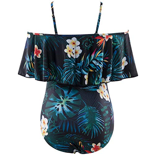 Maternity Bikinis Tankini Floral Flouncing Swimsuit One Piece Beachwear Green with Ivory Flower S