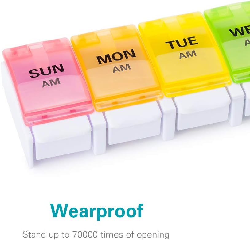 AM PM Weekly 7 Day Pill Organizer, Sukuos Large Daily Pill Cases Pill Box with Easy Push Button Design for Pills/Vitamin/Fish Oil/Supplements (Rainbow): Health & Personal Care
