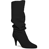 Coutgo Womens Slouchy Knee High Boots Wide Calf Kitten Heel Pointed Toe Pull On Long Boots Winter Shoes