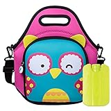 Itzi Bitzi Pink Owl Neoprene Children's Lunch Bag Kids Tote Toddler Backpack with Shoulder Strap, Ice Pack Brick & ID Name Tag - 11.8