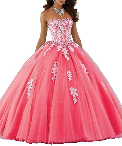 Eldecey Elley Women's Applique Long Formal Tulle 2016 Long Ball Gowm Princess Birthday Party Quinceanera Dress Coral US14
