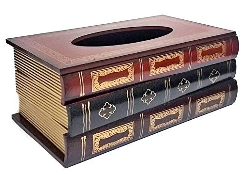 Bellaa 25150 Tissue Box Holder Rectangular Vintage Antique Book Paper Napkin Dispenser Home Office Car Top Lid Wooden Refillable Big Fits All Boxes