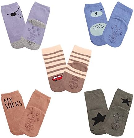 Toddler Anti-Slip Socks With Rubber Soles Ankle Walker For Baby Boy Girls 5 Pack(thin-S)