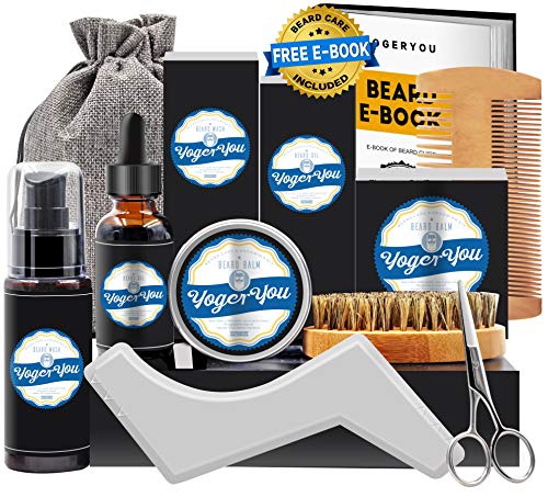 Upgraded Beard Grooming Care Kit w/Beard Shampoo Wash,Beard Shaper,Scented Beard Growth Oil Conditioner,Beard Balm,Beard Brush,Beard Comb,Beard Scissors,Gifts for Men