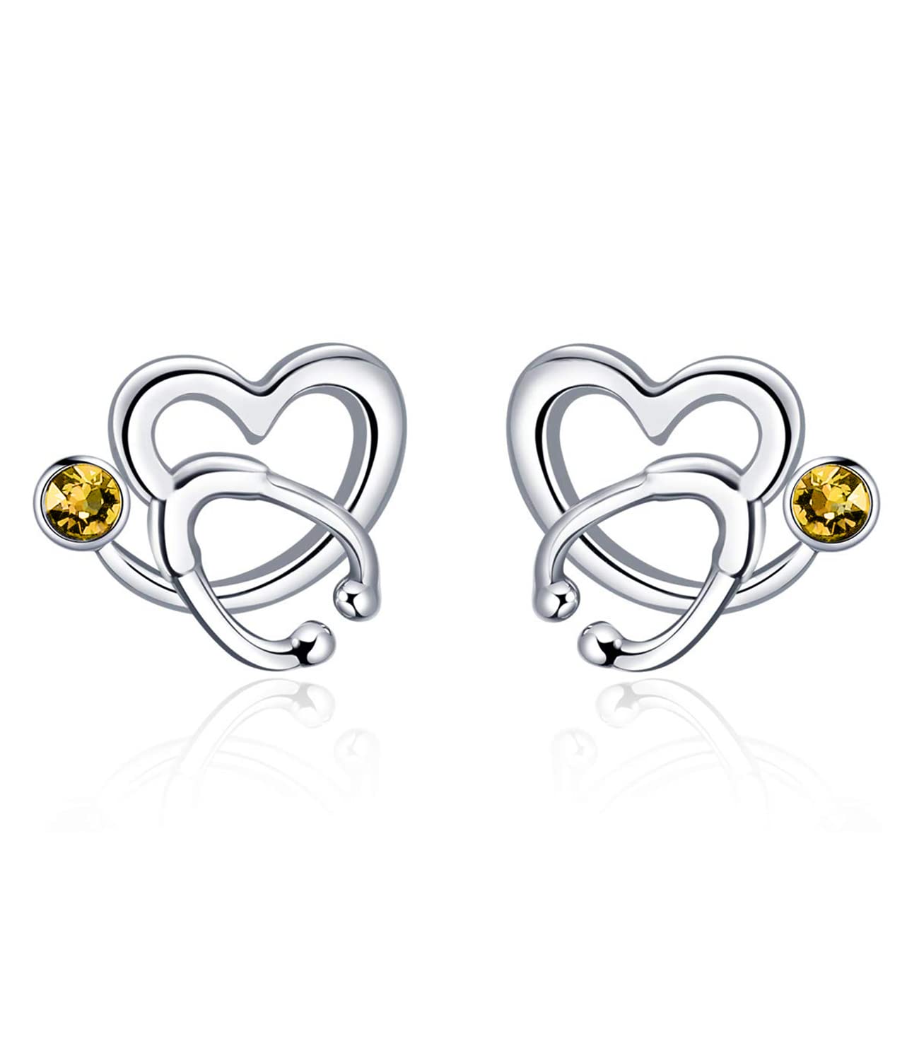 AOBOCO Sterling Silver Stethoscope Earrings Studs Heart Ear Stud Nurse Jewelry with CrystalGift for Doctor Nurse Medical Student Yellow