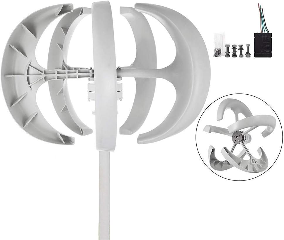 LECHI 300W Wind Turbine - DC 12V Wind Turbine Generator Kit 5 Blades Vertical Lantern Style With Charge Controller for Power Supplementation Without Rod (300W 12V White)