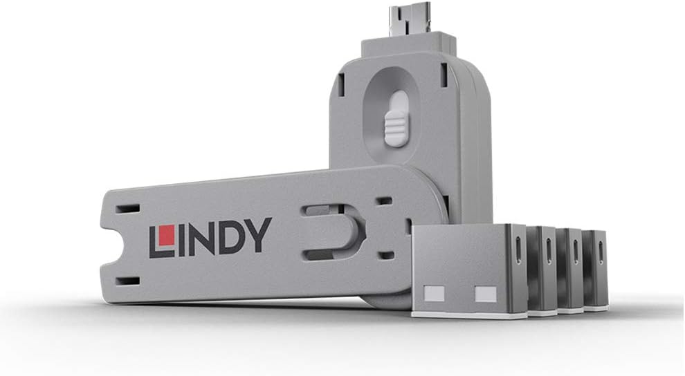Lindy USB Type A Port Blocker Key - Pack of 4 Blockers, White, 4 Pack + Key