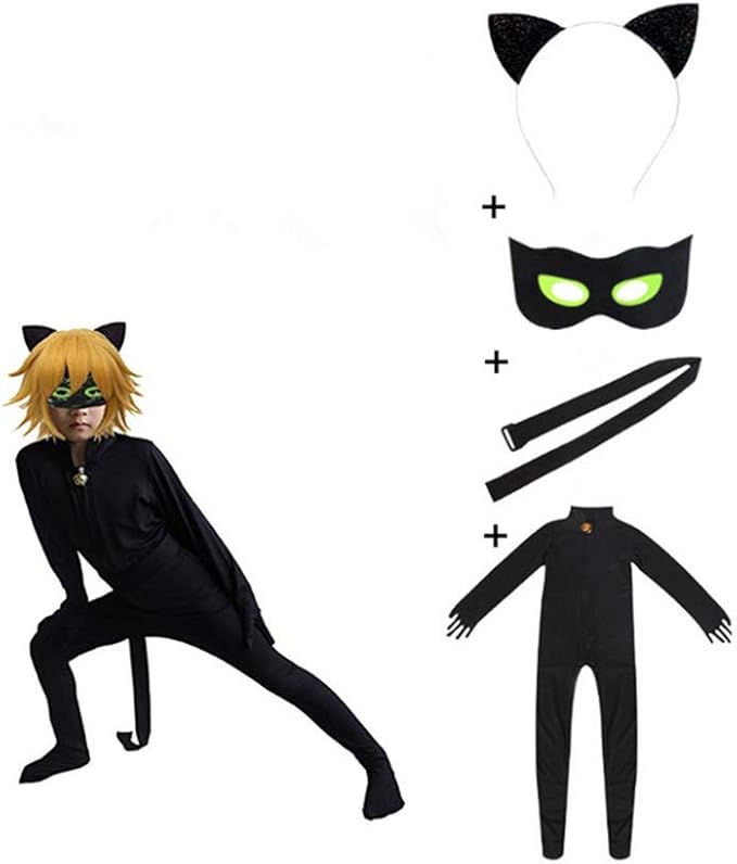 Xioyig Kids Jumpsuit Boys Girls Costume Black Cat Noir Cosplay Costume Black Cat Role Playing Games Costumes